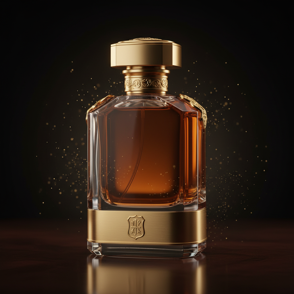 O'Juvi E-4 luxury perfume bottle warm amber tones