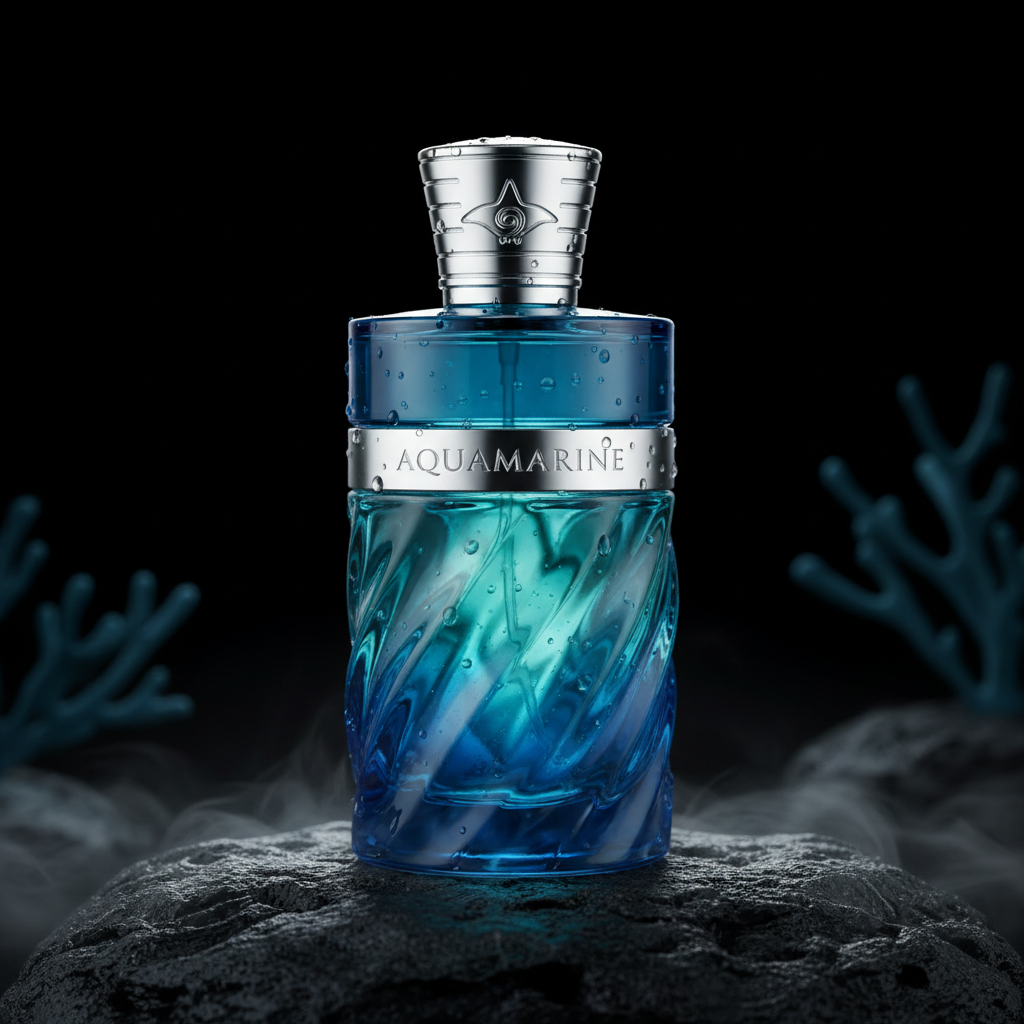 O'Juvi E-7 ocean-inspired luxury perfume bottle blue tones
