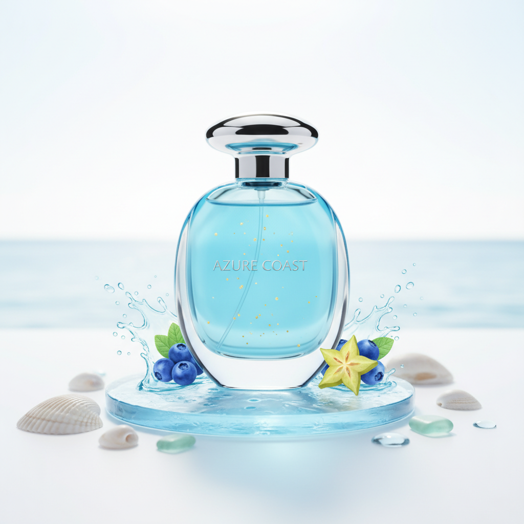 O'Juvi E-52 fresh blue perfume bottle summer ocean aesthetic