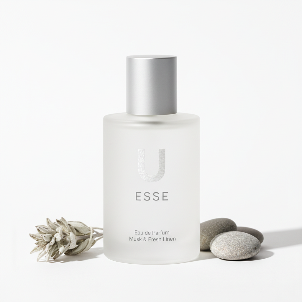O'Juvi E-33 minimal perfume bottle clean white grey aesthetic