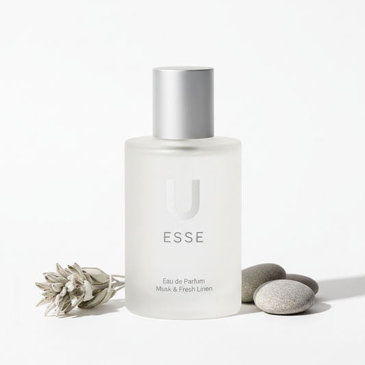 O'Juvi E-33 minimal perfume bottle clean white grey aesthetic