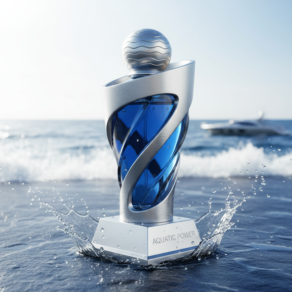 O'Juvi E-61 sporty luxury perfume bottle blue silver trophy style